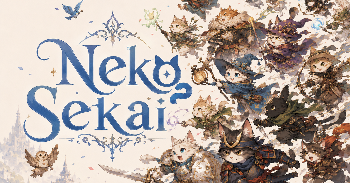 Nekosekai key art: a company of armoured, robed and hooded cats charging across a parchment field beneath the game's calligraphic wordmark.