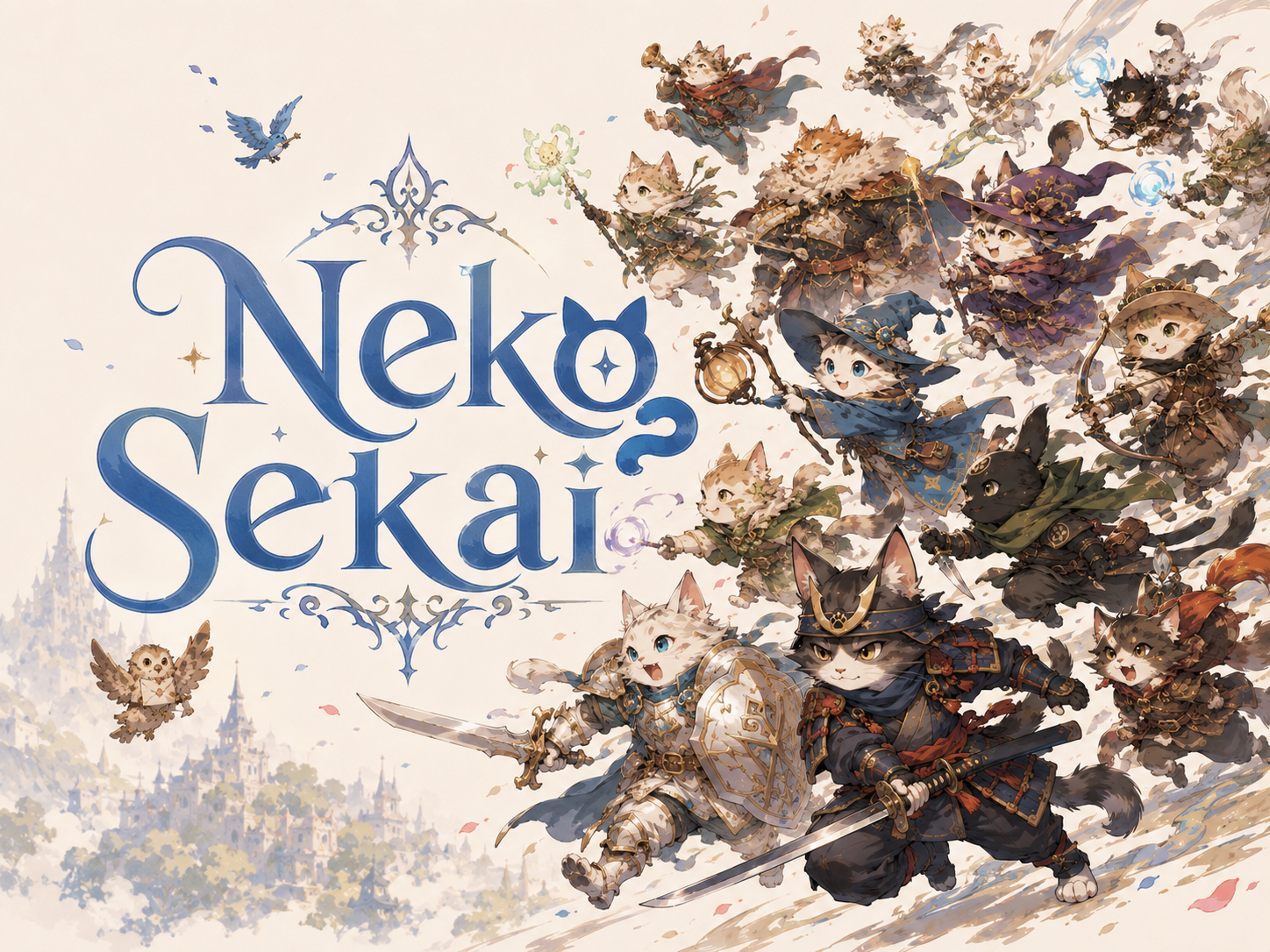 Nekosekai key art: a company of armoured, robed and hooded cats charging across a parchment field beneath the game's calligraphic wordmark.