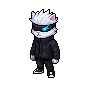 Limitless Paws, a white-furred cat in a black jacket wearing a glowing blue visor.