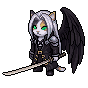 One-Winged Prowler Cat, a silver-haired swordcat with a single black wing and a long katana.